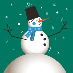 Cartoon snowman smiling and trying to catch snowflakes on cold green background. Winter illustration, vector graphic design for any purpose: banner, poster, christmas and happy new year postcard