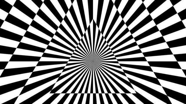 Rays and triangles. Seamless looping animation footage. Black and white optical illusion. Psychedelic hypnotic transformation. Op Art.