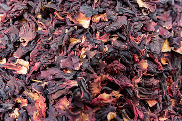 Close up dried colorful hibiscus petals at turkish market
