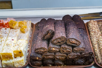 Close up of turkish lokum different tastes and colours on the market