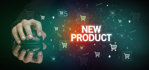 hand holding wireless peripheral with NEW PRODUCT inscription, online shopping concept