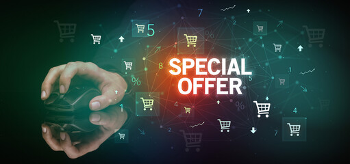 hand holding wireless peripheral with SPECIAL OFFER inscription, online shopping concept