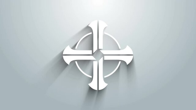 White Celtic cross icon isolated on grey background. Happy Saint Patricks day. 4K Video motion graphic animation