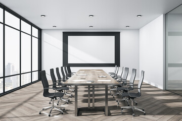 Bright meeting room interior with blank billboard on wall.