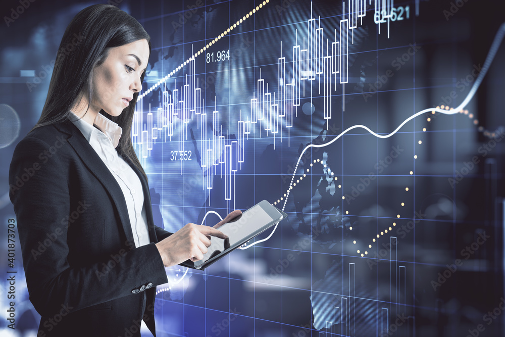 Aufkleber businesswoman using digital tablet with stock analytics interface