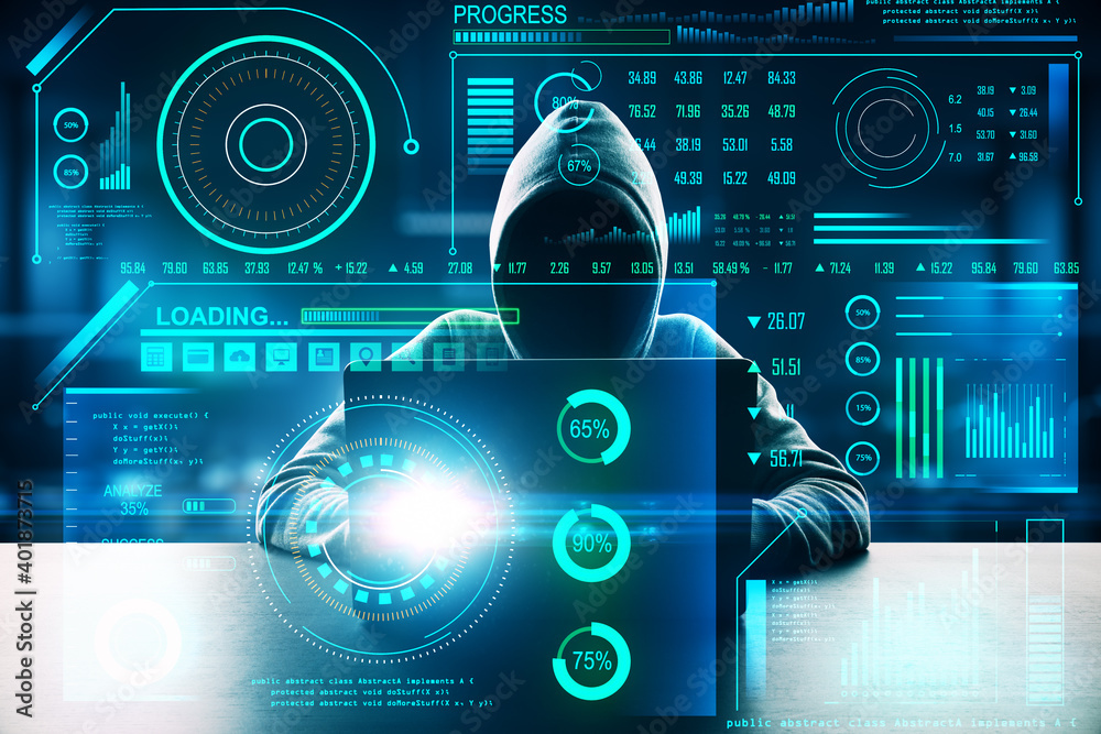 Poster Hacker with digital business interface.