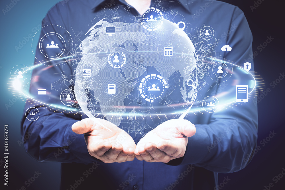 Aufkleber trader man holding digital screen with earth globe.