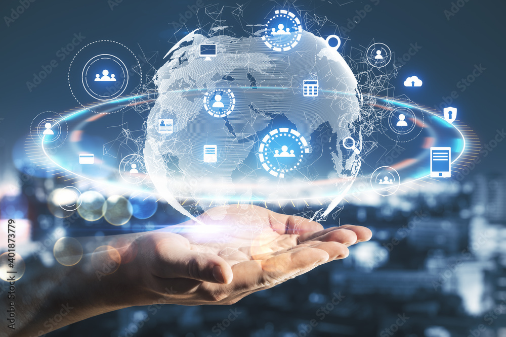 Poster hands holding global social network interface.
