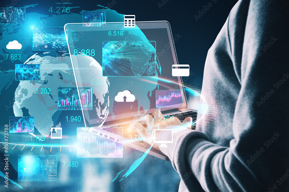 Aufkleber people using laptop with digital global computer cloud interface