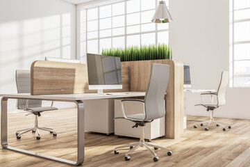 Contemporary coworking office room with computers and grass.