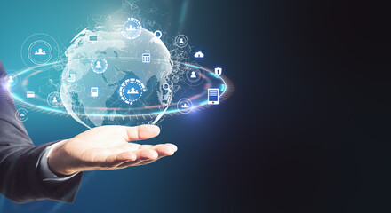 Businessman hand holding glowing social network infograph.