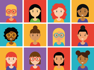 Hand drawn flat style illustrations design concept. Woman, female, girl, kids characters portrait avatar cartoon vector set colorful squares people icons.