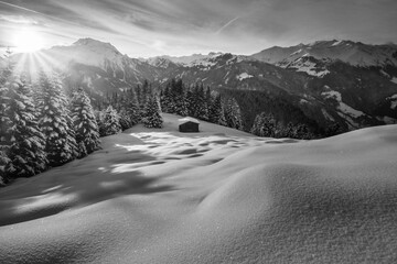 Skihütte auf einer Waldlichtung in den verschneiten Bergen von Österreich in schwarz weiß