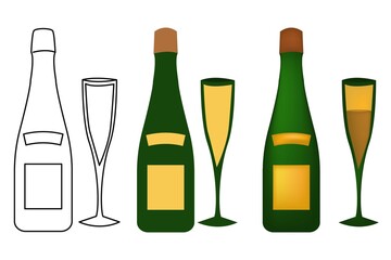 Set of wine bottle and glass. icon, flat design and blending mesh tools