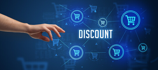 Close-Up of cropped hand pointing at DISCOUNT inscription, online shopping concept