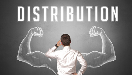 Rear view of a businessman with DISTRIBUTION inscription, powerfull business concept