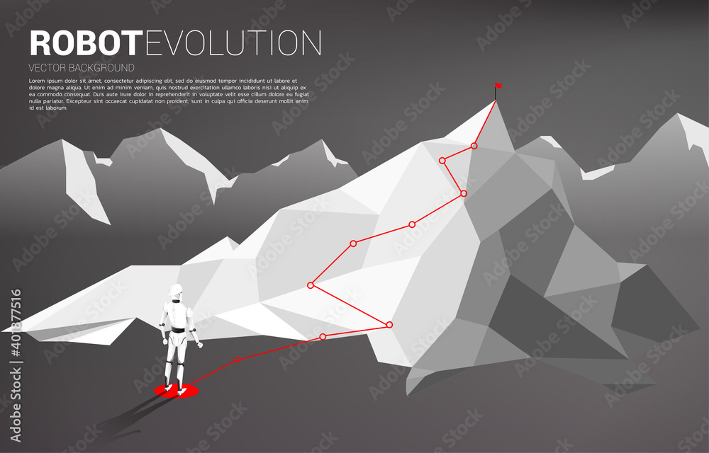 Poster Route to the top of mountain with robot. concept of artificial intelligence and machine learning worker technology