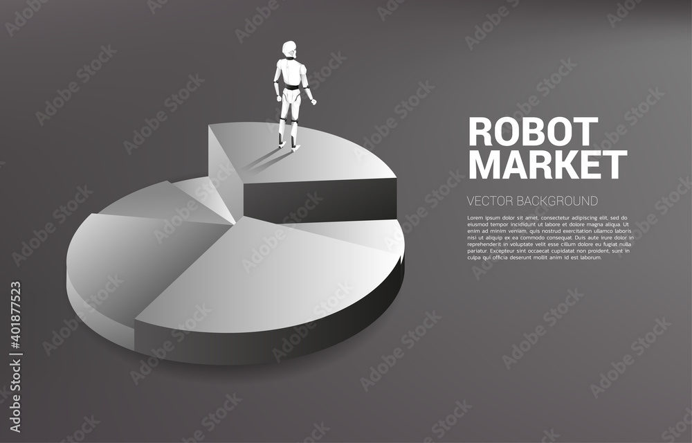 Poster Silhouette of robot standing on top of pie chart. concept of artificial intelligence and machine learning worker technology