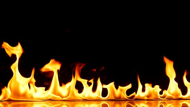 Fire Flames Igniting And Burning - Slow Motion. A line of real flames ignite on a black background. Real fire. Transparent background. 
Alpha Channel and Green Screen is included. PNG + Alpha.