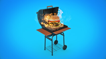 hamburgers cooking on grill with flames. 3d rendering	