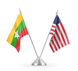 Liberia and Myanmar table flags isolated on white 3D rendering