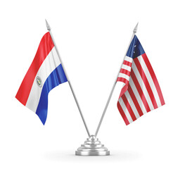 Liberia and Paraguay table flags isolated on white 3D rendering