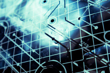 Electronic flex circuit board  dismantled computer keyboard. Abstract, conceptual, artistic design. 