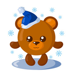 Funny cute kawaii bear with Christmas hat and round body surroundet by snowflakes in flat design with shadows. Isolated winter holiday vector illustration	