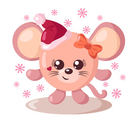 Obraz premium Funny cute kawaii mouse with Christmas hat and round body surroundet by snowflakes in flat design with shadows. Isolated winter holiday vector illustration 