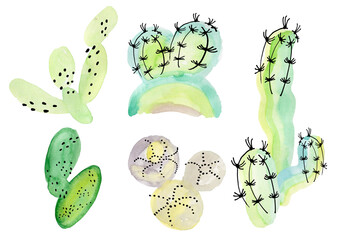 Cactus watercolor and marker abstract set drawn by hands