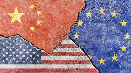 A Chinese, American, and European Union flag on a cracked background-politics, war concept © C A/Wirestock