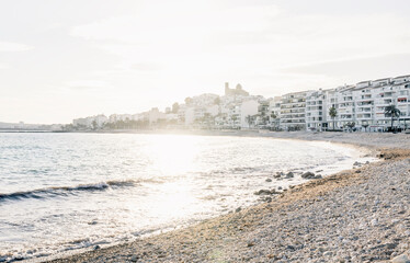The destroyed beach in Altea after storm Gloria in January 2020 with view on coast and old town, Altea, Costa Blanca, Spain