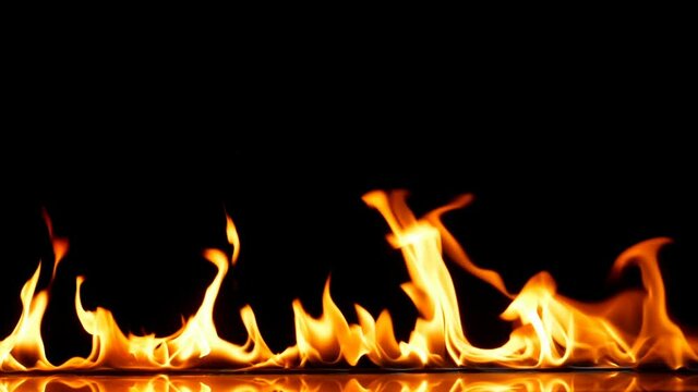 Fire Flames Igniting And Burning - Slow Motion. A line of real flames ignite on a black background. Real fire. Transparent background. 
Alpha Channel is included. PNG + Alpha.