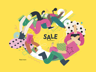 Discounts, sale, promotion vignette - modern flat vector concept illustration of people crowd running in the pursuit of the discounts, with a big percent sign on the background