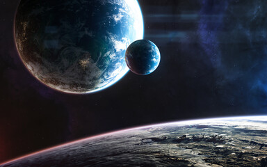 Inhabited planets in deep space in light of blue star. Science fiction. Elements of this image furnished by NASA