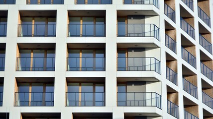 Facade of new apartment building. Glass balcony and clean look of modern architecture building with blue sky background.