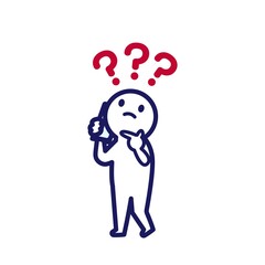 電話をしながらはてなマークを思い浮かべるシンプルでデフォルメされた人間のイラスト