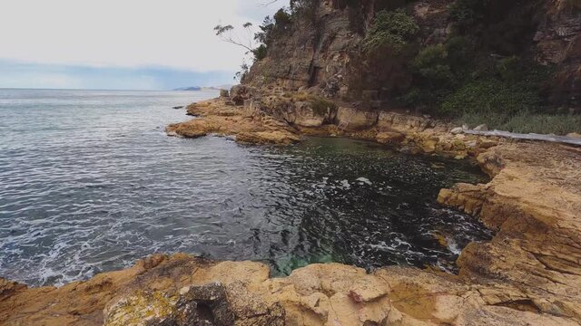 pristine wild landscape at Boronia Beach in Tasmania, Australia with lush vegetation and rocks on the shore