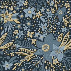 Dusty blue and mustard yellow floral seamless doodle hand painted pattern - 401884933