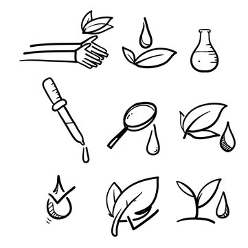 hand drawn organic leaf line icons symbol for Dermatologically tested, Paraben chemical formula icons. Hypoallergenic tested in doodle style