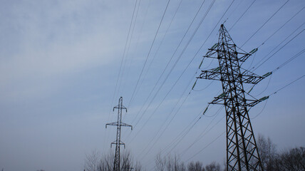 High voltage power line, poles with wires