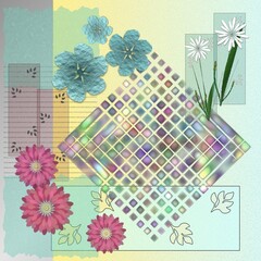 A diamond-shaped rainbow-colored grid pattern, with pink, green and white flowers, plus embellishments, on a pastel yellow to pastel green gradient background