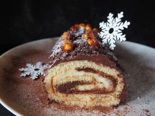 Closeup on a Yule log made of sponge cake roll, vanilla cream and chocolate ganache, caramelized hazelnuts on top, real wood log effect, black background