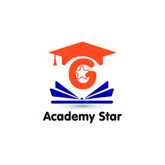 Education and academy letter G logo concept with opened book, star, and graduation cap. Course and training logo style vector template