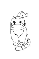 Tabby cat wearing christmas cap and medical mask, graphic black and white drawing on white background