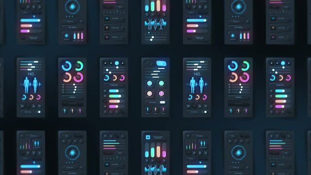 Hi tech panel of medical application on dark background. Medical and health concept. UI, UX, GUI mobile screens modern infographic. Loop animation.