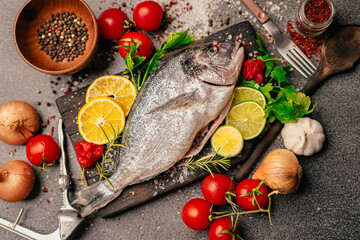 Fresh gilthead sea bream.Local fish market.Fresh seafood.Expensive dorado fish recipe and seasoning.Healthy Mediterranean diet.Sustainable fishing.