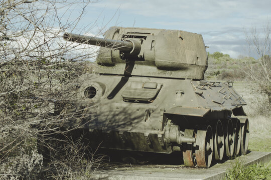 An ancient T-34 ww2 tank with 85mm gun