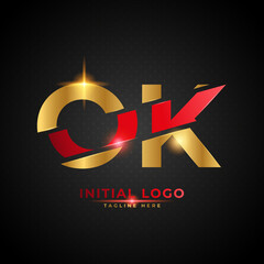 OK logo. Initial letter OK with red and gold color. Luxury slice logo design concept, fit for company and bussness.