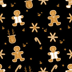 Seamless Pattern of Christmas Ginger Cookies Pattern  Black Background 3	
